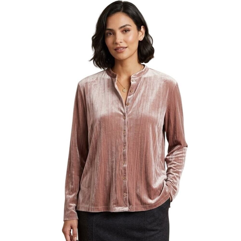 J.JILL Button Front Liquid Velvet Mandarin Collar Top in Honey Wheat SZ L